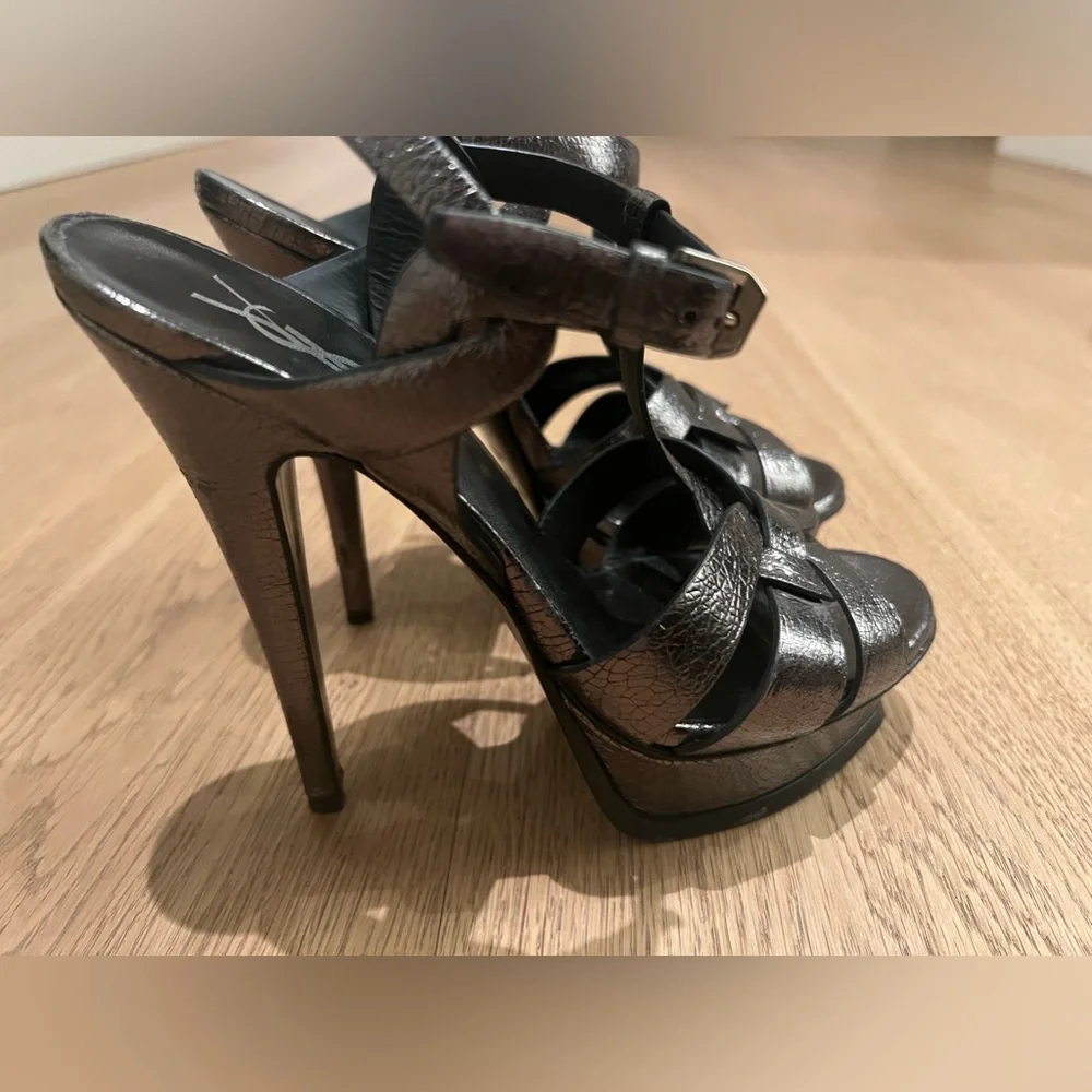 Saint Laurent YSL Metallic Tribute Platform 135mm Heels Sandals Gunmetal Grey 37 - Picture 4 of 6